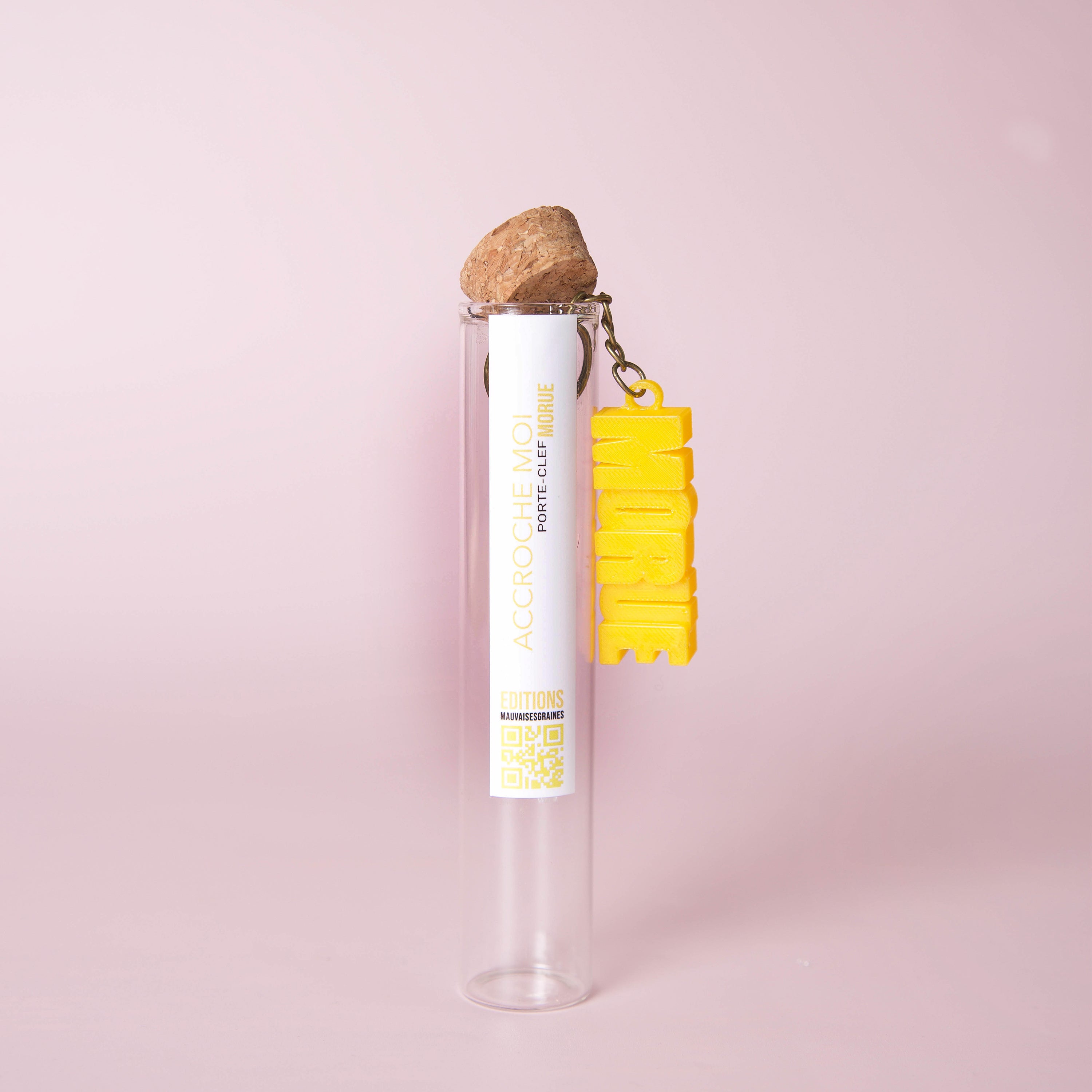 Porte-clés original en tube à essai avec message « morue», création Mauvaises Graines. Idée cadeau fun, fabriquée en France, à offrir pour toutes les occasions